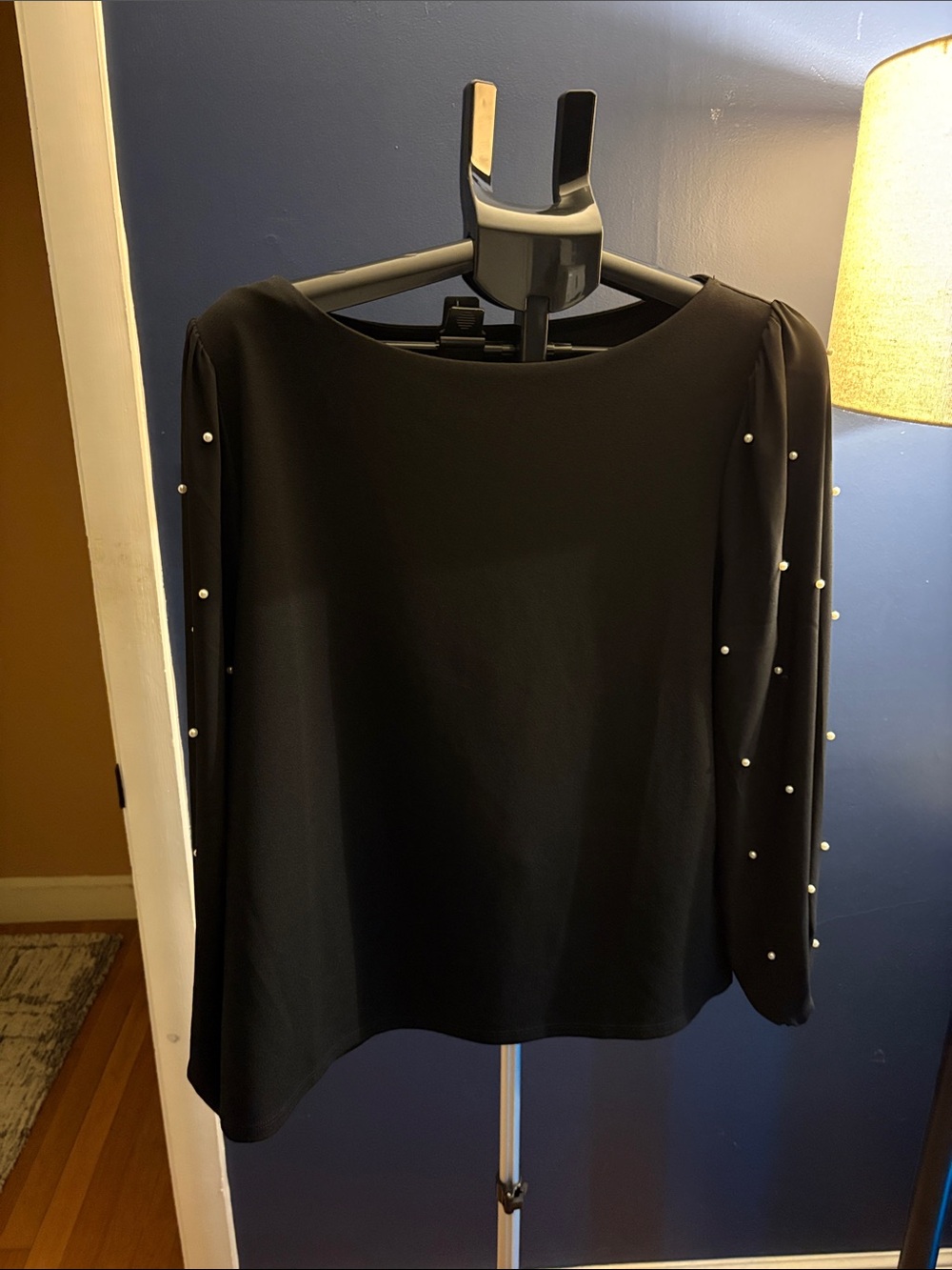 Ann Taylor Black Long Sleeve Top with Pearl Sleeve Accents